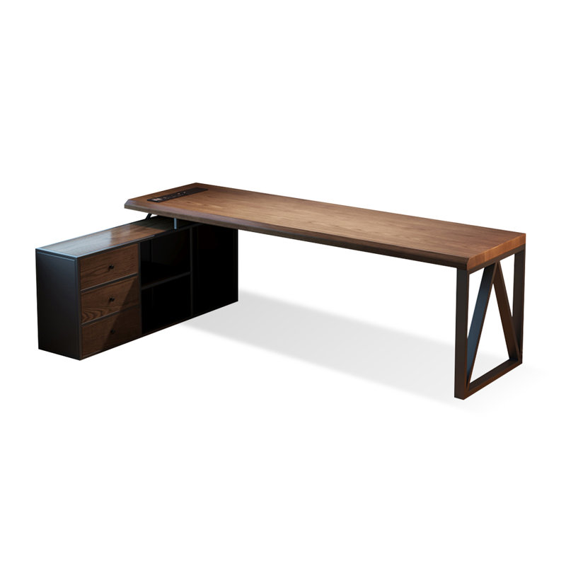 Bureau à 3 tiroirs brun noyer + bois massif rectangulaire noir + fer avec 3 tiroirs, H 29,53 po x l 78,74 po x P 23,62 po