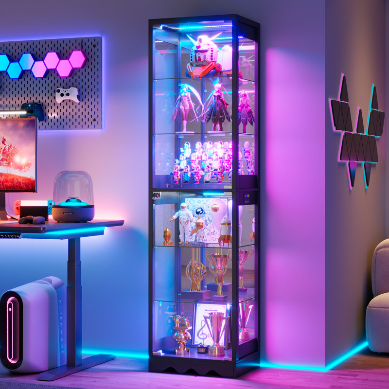 67.9'' H x17.7'' W Glass Curio Cabinet with Adjustable Glass Shelves, 6-Tier Display Cabinet  with RGB Lights, Black
