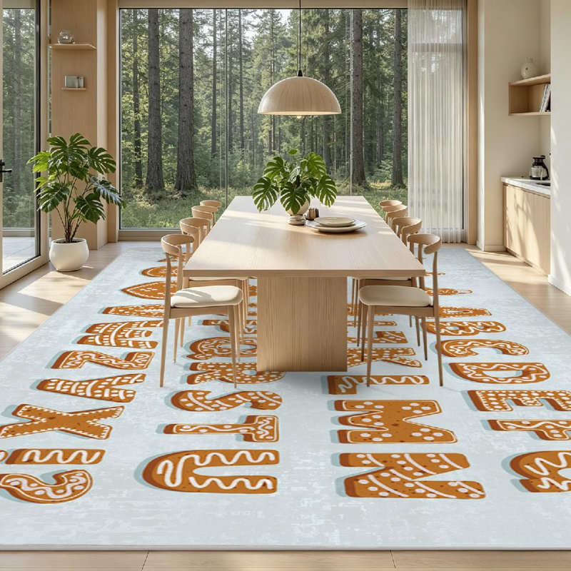 Tapis d'intérieur blanc lavable à la machine, motif alphabet et gingembre, Rectangle 79" x 118"