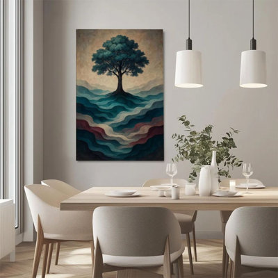 1Pc Framed Canvas Poster Print Solitary Tree, Wavy Terrain, Abstract Expressionism Wall Art, Wall Decor, Perfect for Room Decor Living Room Bedroom Of