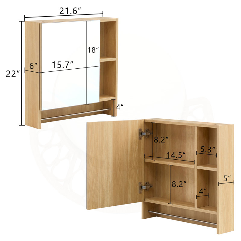 Armoire de toilette murale avec tablettes et porte-serviettes, Naturel