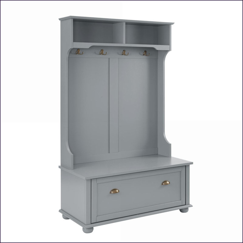 Entryway Hall Tree with Shoe Bench, Open Shelves &amp; Hooks | Classic Coastal | White | Solid Wood Feet, MDF, Gray
