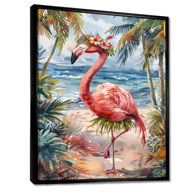 Décoration murale flamant rose dansant à Aruba - Flamant rose, Toile avec cadre flottant noir, H 40 po x l 30 po x P 1,5 po