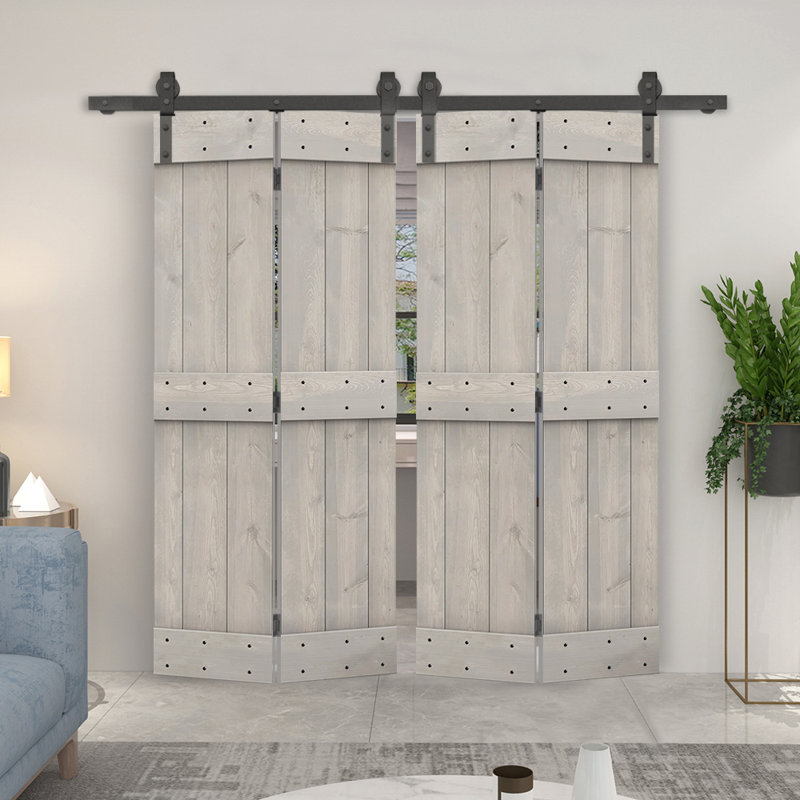 Portes de grange à deux volets en bois bricolage avec quincaillerie coulissante DIY, Gris argenté, 44 po x 84 po