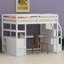 Lit mezzanine multifonctionnel avec espace de travail intégré, tablettes ouvertes, tiroirs sous le lit et escalier de rangement pour optimiser l'espace-509286263