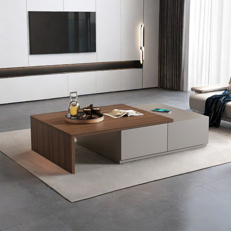 Simple rectangular retractable coffee table, 9.8" H x 39.4" L x 27.6" W, Khaki/Dark Walnut