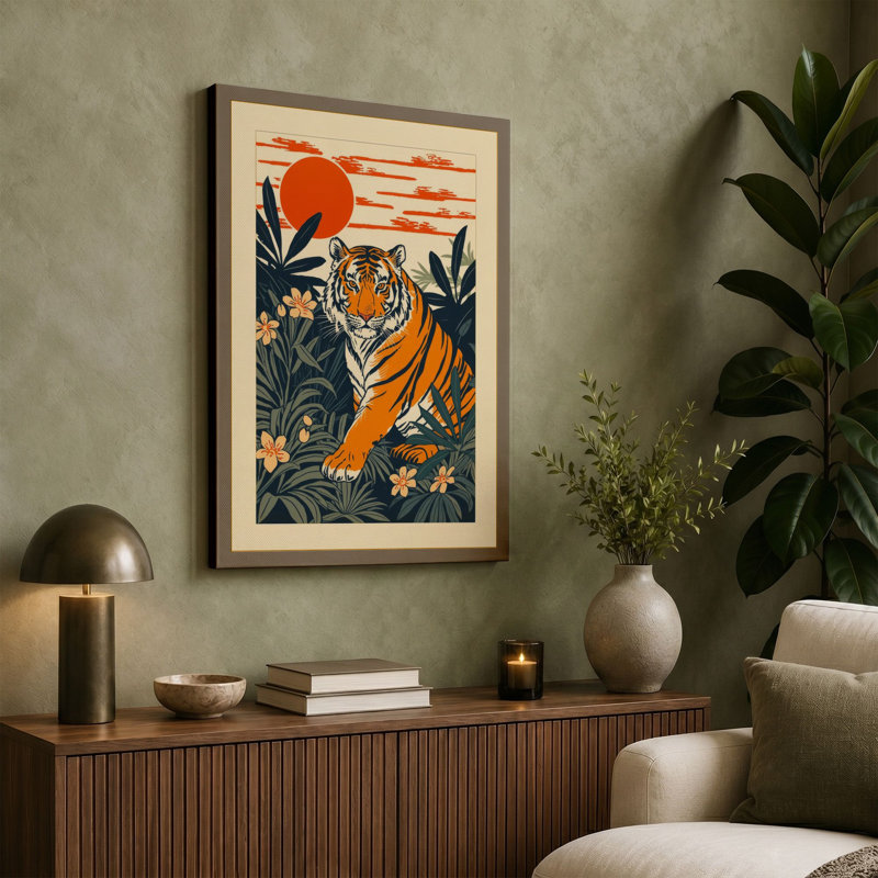 Tiger in Jungle Japandi - Wrapped Canvas, 30x20 - 76.2 x 50.8 cm, Teal Border