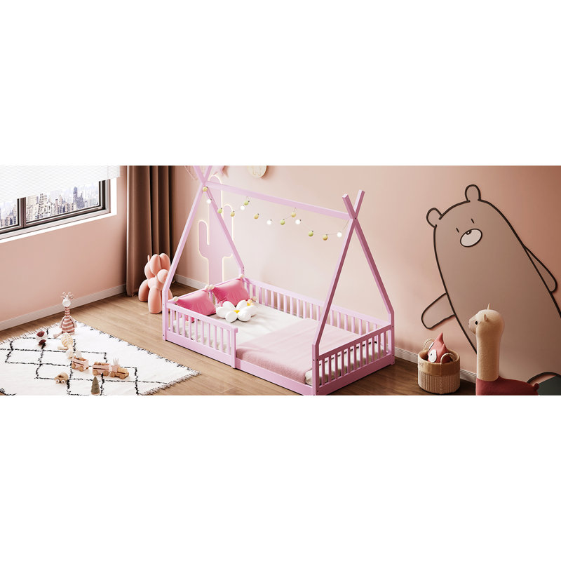Lit simple en bois avec clôture rose - pin massif pour lit Splendor, pièce, Rose