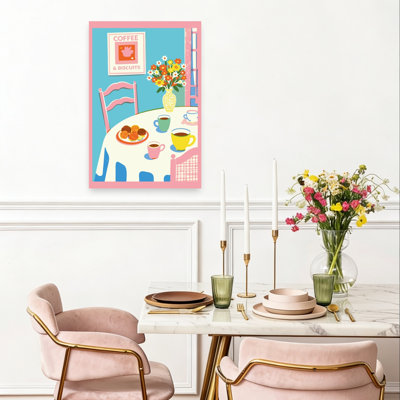Petit-déjeuner café chaleureux, impression d'art mural contemporain coloré et vibrant représentant une architecture florale, représentant une fleur.