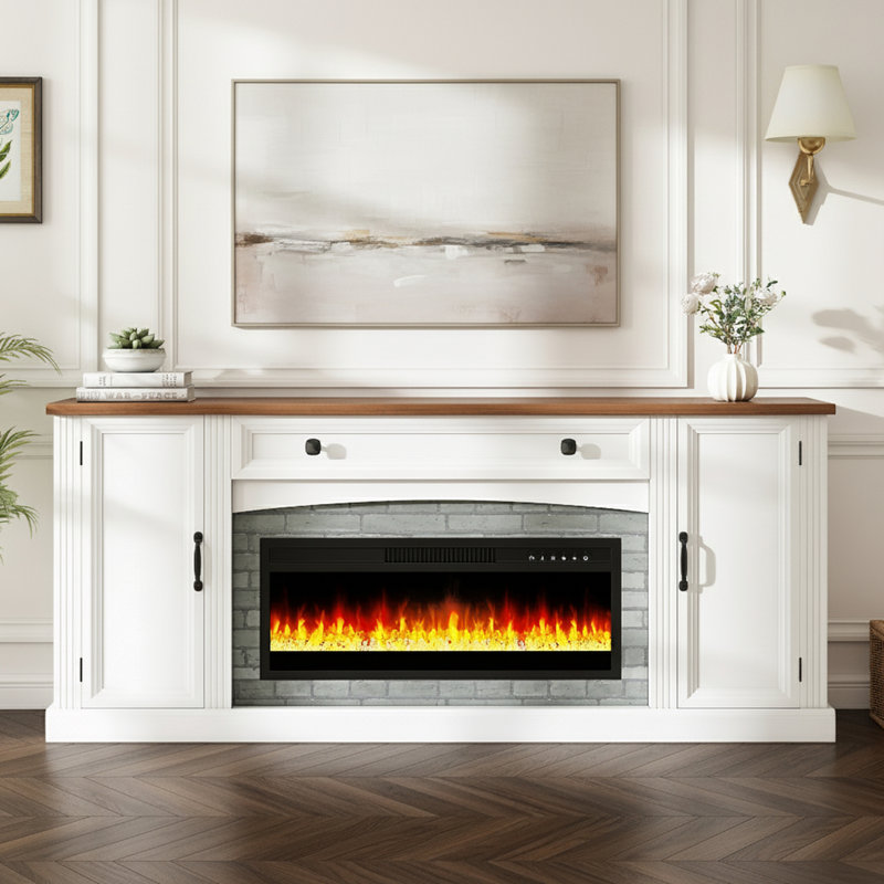 Electric Fireplace TV Stand With Mantel And Cable Management And Adjustable Shelves, Blanc