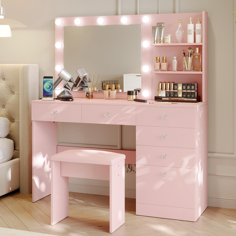 Ensemble de coiffeuse Greyden avec 6 tiroirs, prise de courant et miroir lumineux, Rose