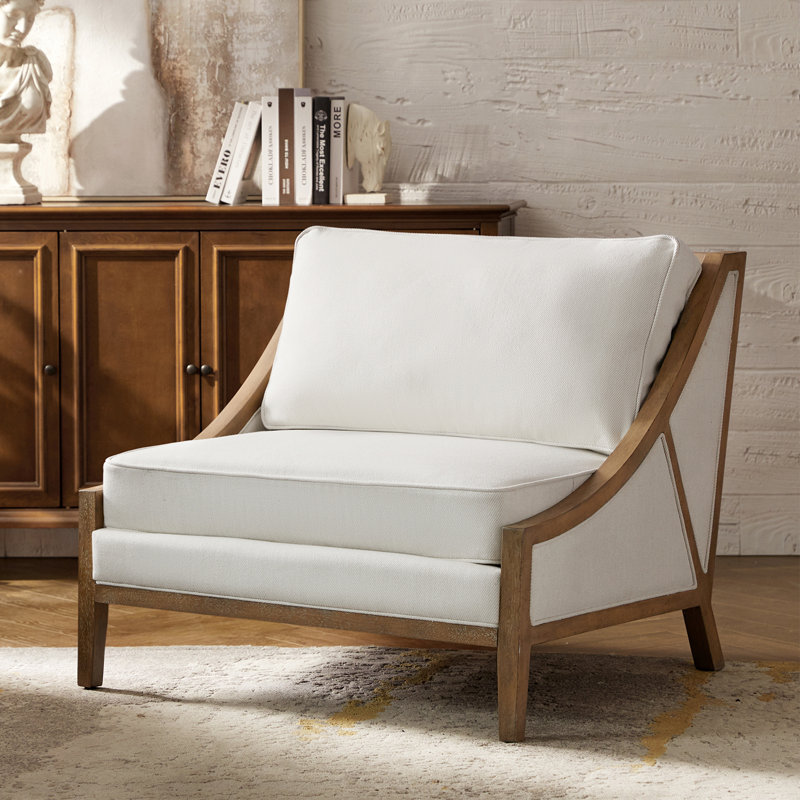 Fauteuil d'appoint surdimensionné Theoren de style ferme, en bois massif, 95 cm de large, Polyester ivoire