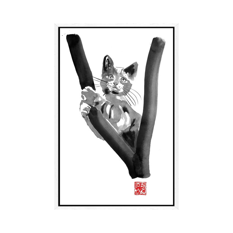 Cat In Tree by Péchane - Painting on Canvas, 101.6 cm H x 66.04 cm W, White Framed