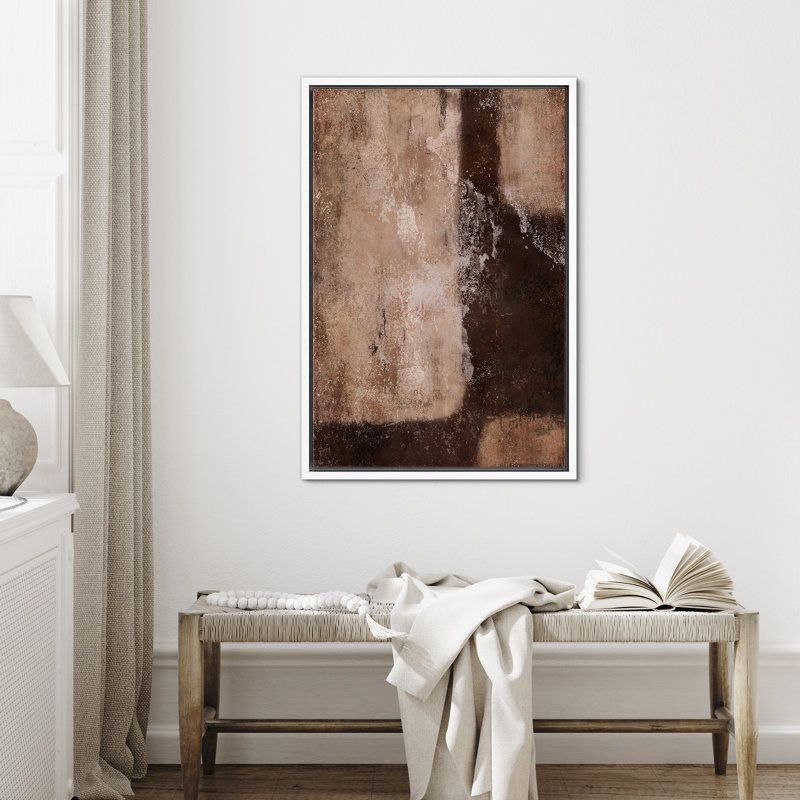Style Mid-Century brun foncé, formes abstraites neutres, grand cadre rustique, décor minimaliste M27, H 24 po x l 16 po
