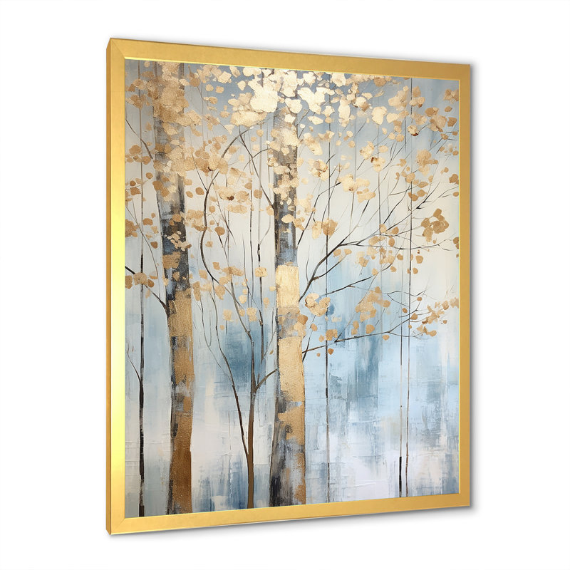 Or et bleu, arbres au trésor, paysage II - art mural arbres, H 40 po x l 30 po x P 1,5 po, Cadre doré simple
