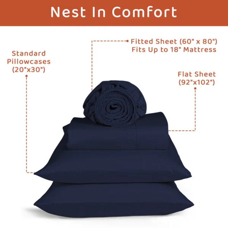 Loomsnest 100% Long Staple Cotton 400 Thread Count Sateen Sheet Set, Wrinkle Resistant, Deep Pocket, Fits up to 18", Queen, Navy