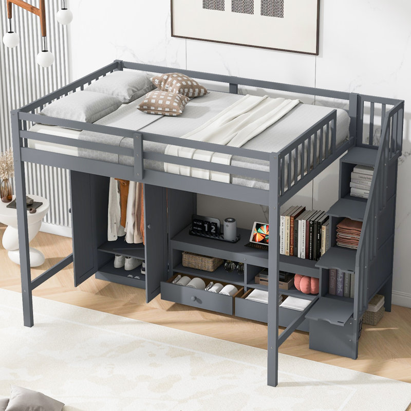 Loft Bed Frame With Wardrobe, Gray