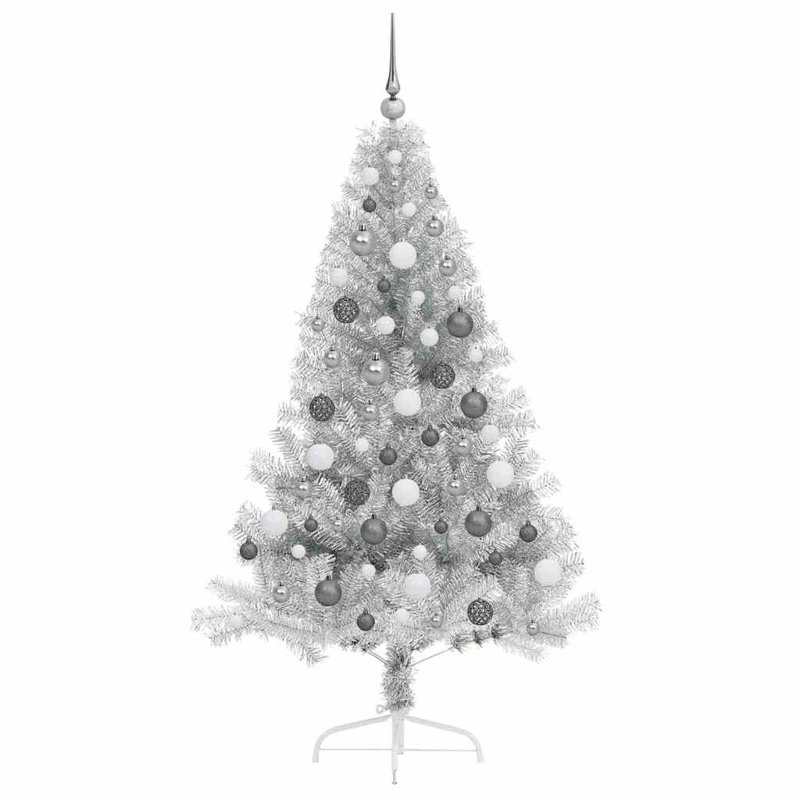 Artificial Pre-lit Christmas Tree PVC, 180cm H, Silver/White/Grey