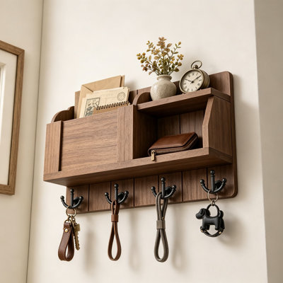 Key Holder Wall Mount with Chalkboard and Floating Shelf, Mail Organizer and Key Hanger for Entryway, Rustic Farmhouse Wall Decor for Home Organization