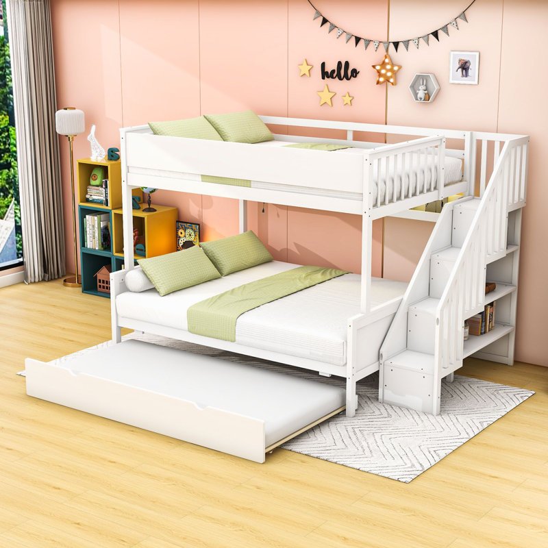 Lit double superposé au-dessus de grand lit double avec lit gigogne simple, escalier de rangement et éclairage DEL, Blanc