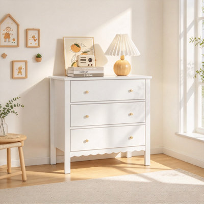 Commode 3 tiroirs, commode en bois avec base festonnée, armoire de rangement autoportante pour chambre à coucher, chambre d'enfant et chambre d'enfant