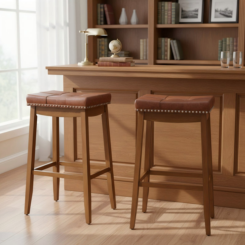 29" Bar Height Bar Stools Set of 2, Backless Saddle Bar Stools with Faux Leather Seat, 29"