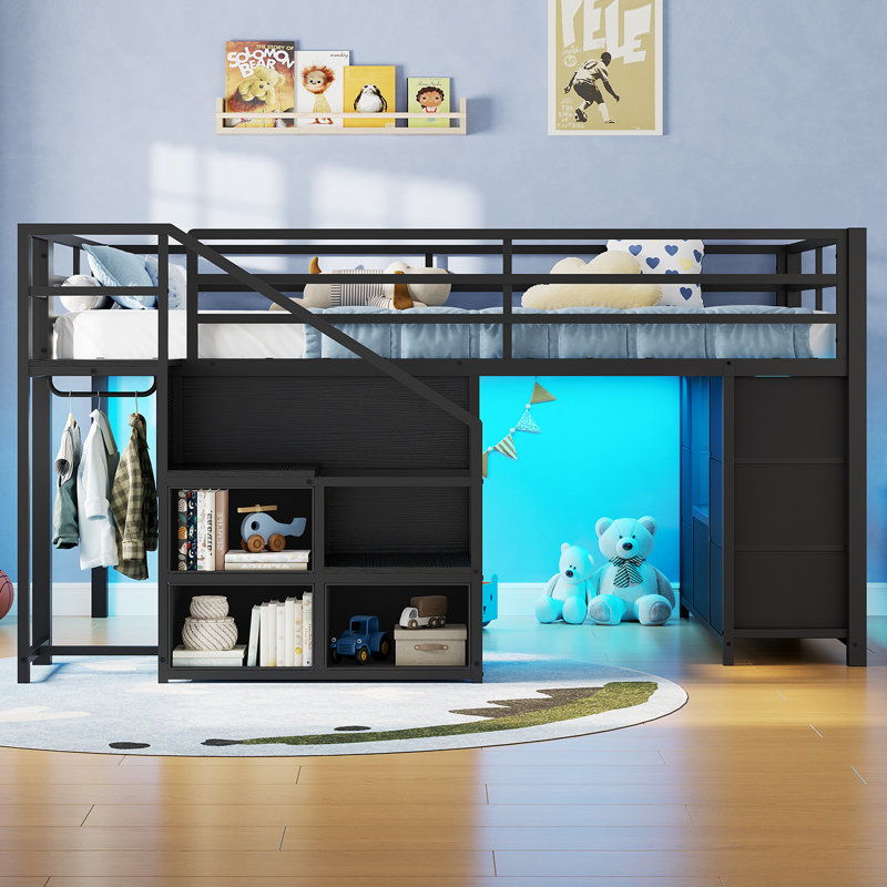 Low Loft Bed With Led Lights, Twin Size Kids Loft Bed With 7 Storage Drawers,3 Open Cubbies,handy Clothes Rail, Twin Loft Bed With Guardrail & Stairs, Under-bed Play Area