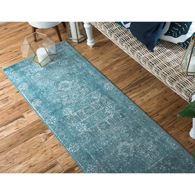 Tapis bleu sarcelle Kasha, Tapis de couloir 2 pi 2 po x 6 pi