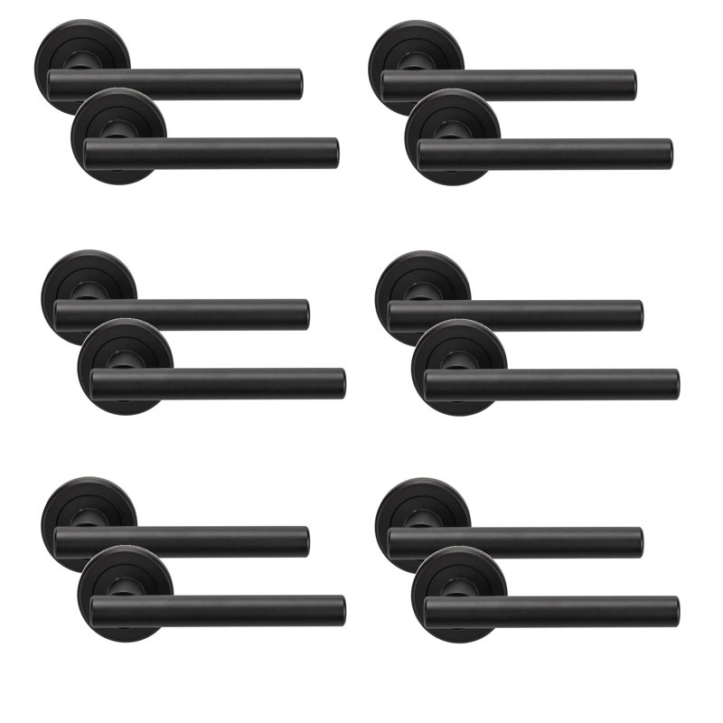 6 Pairs Straight T-Bar Door Handles on Round Rose in Matt Black Finish, Matte Black