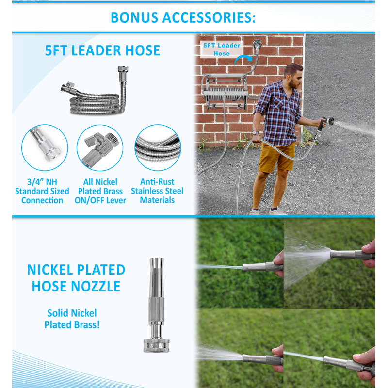 Stainless Steel Wall-Mount Hose Reel with Crank and Shelf