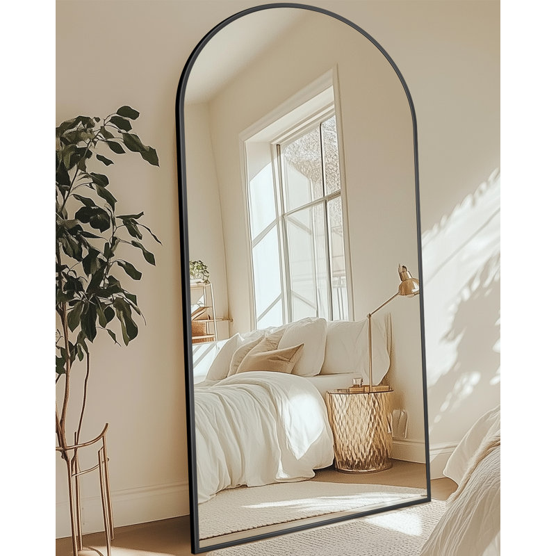 Arched Black Floor Mirror With Stand, 38x77 Inch Freestanding Full Body Mirror For Bedroom, Black, 71" x 30"