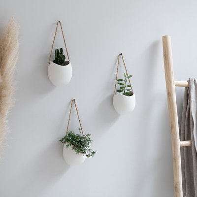 Jardinières murales | Pots de plantes suspendus en céramique 3 pièces | Décoration murale pour l'intérieur, le balcon et le jardin | Blanc (mat)