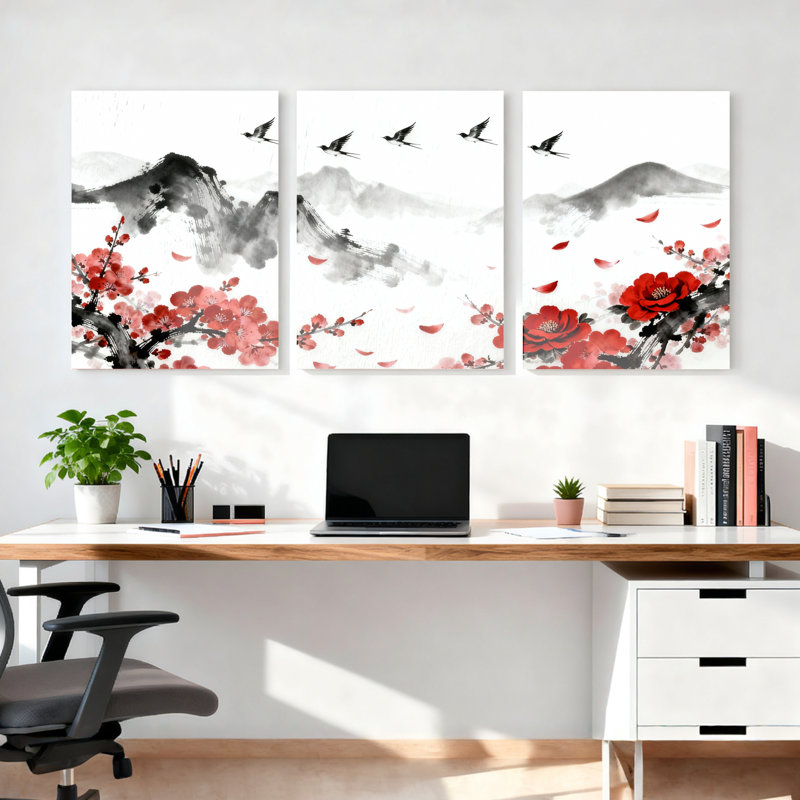 Encre de Chine fleur de prunier et oiseaux, reproduction d'art sur toile, ensemble de 3 peintures traditionnelles