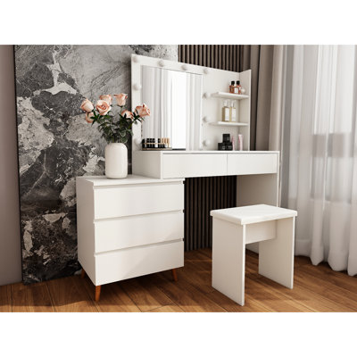 White Led Makeup Vanity With Storage Drawers, Mirror, And Ergonomic Stool, In Small Bathrooms, , 102.73 Lb Table Good For Enthusiasts,