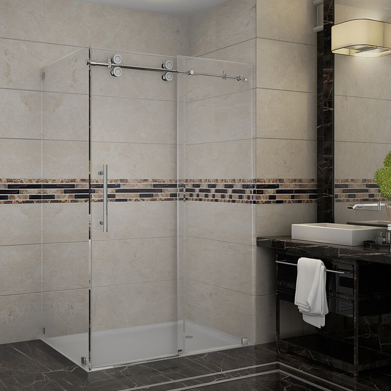 Langham 48" W x 33.8125" D x 75" H Sliding Shower Enclosure with Fixed Panel Door, Stainless Steel