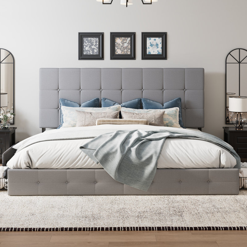 Lit plateforme avec rangement Silvester, Polyester à capitonnage carré gris clair, Très grand