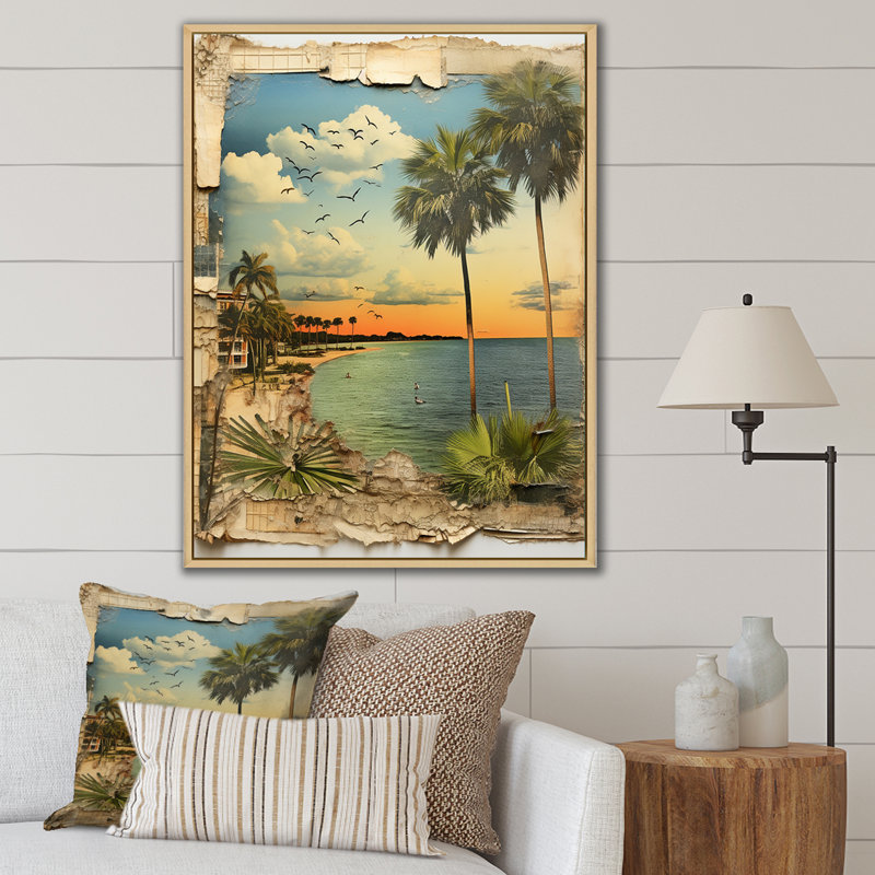 Collage rétro de la Floride, palmiers et plage - Floride, art mural, H 44 po x l 34 po x P 1,5 po, Cadre flottant érable