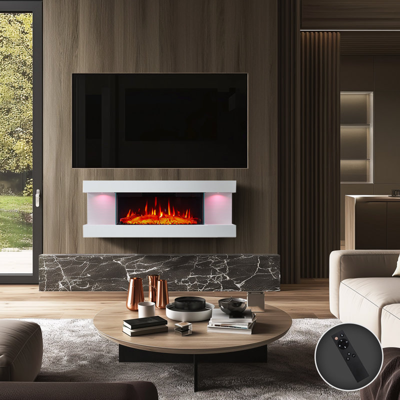 Flora 3-Sided Wall Mounted Electric Fireplace With Multi Ambient Light Colors, Remote, 1500w Heater, White, 44",  by Puraflame