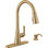 Robinet de cuisine Boyd en or brossé avec douchette extractible et distributeur de savon, robinet d'évier de cuisine monotrou moderne, poignée simple, bronze champagne