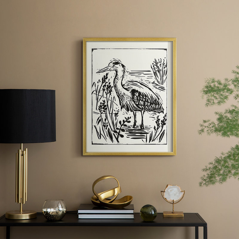 Linocut Style Seabird I, reproduction encadrée - bois massif, H 11 po x l 9 po, Doré