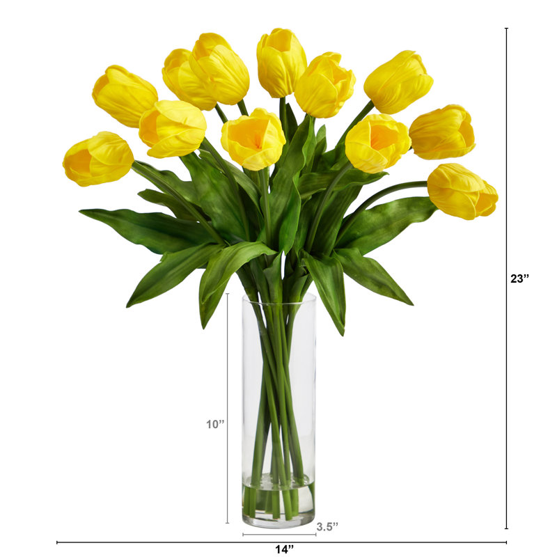 23in. Artificial Tulip Arrangement with Cylinder Glass Vase, Jaune