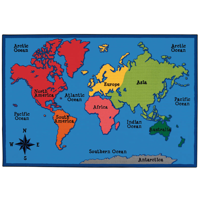 World Map Geography KID$Value Plus Tufted Blue Area Classroom Rug, Rectangle 8' x 12'