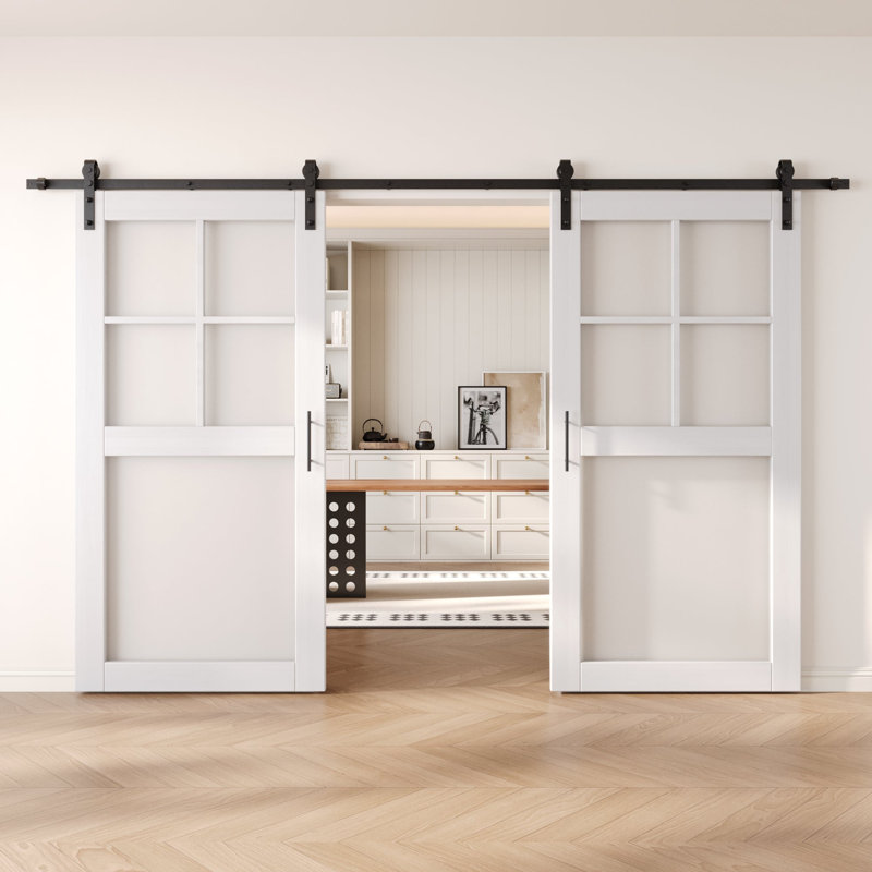 Portes de grange en verre givré non assemblées et non assemblées de 26 po x 80 po à 5 lumières Homacer avec ensemble de quincaillerie d'installation sans rail de dérivation, rail de 9 pi, utilisation intérieure seulement
