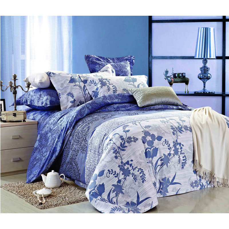 Ensemble de housse de couette double Alicemae White Ana Blue Flowers, Housse de couette simple + 2 pièces supplémentai