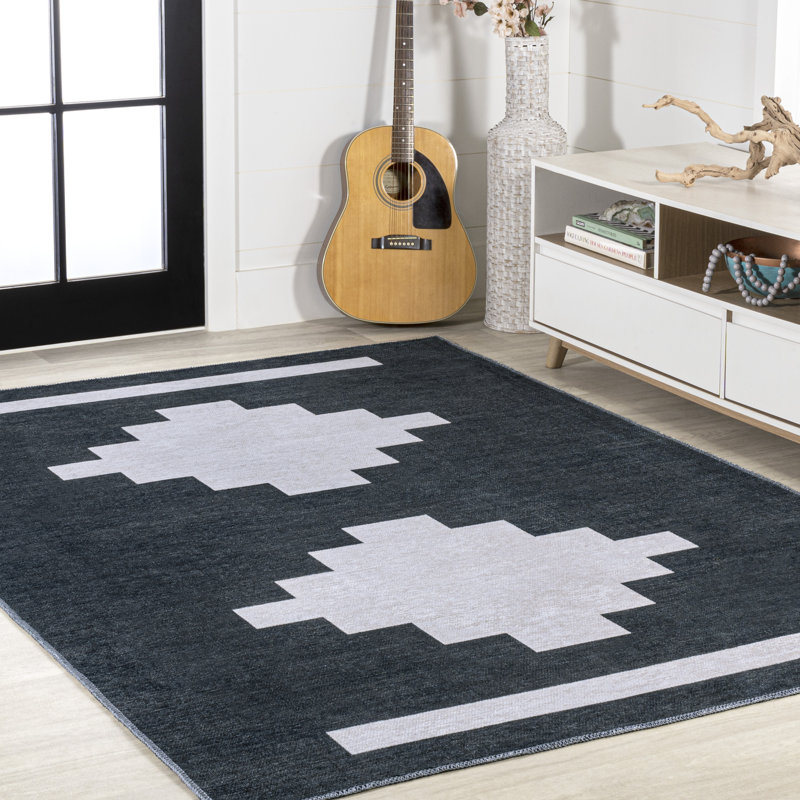 Linfert Geometric Medallion Machine-Washable Navy/Light Gray Rug, Rectangle 7'10" x 10'