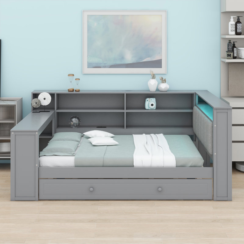 Lit plateforme avec tablettes de rangement, lit gigogne, Gris
