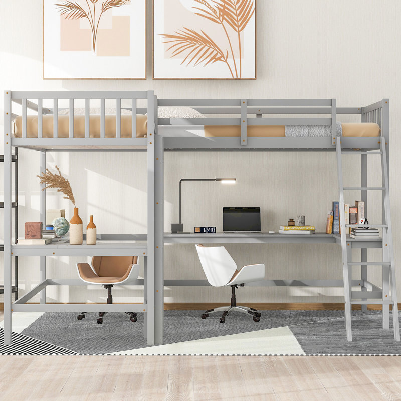 Lit mezzanine en bois simple en L avec 2 bureaux à tricoter intégrés et bureau, Blanc