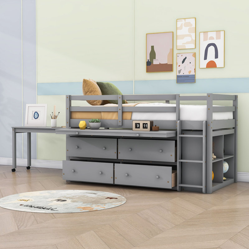 Eli Kids 4 Drawers Wooden Loft Bed with Desk and Shelves, Full, Gray