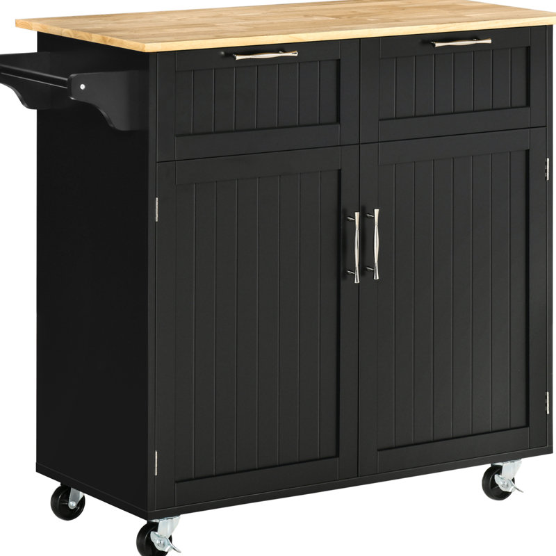 Bureau de cuisine moderne à roulettes, noir avec plateau en bois d'hévéa et roulettes pour îlot de rangement de 41 po, pour l'espace organisé