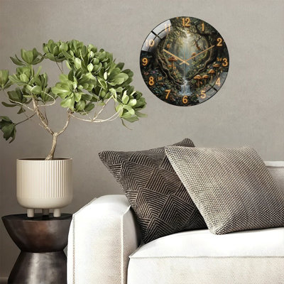 Forest Clock Face Mushrooms Stream Art - 12'' Modern Glass Wall Clock